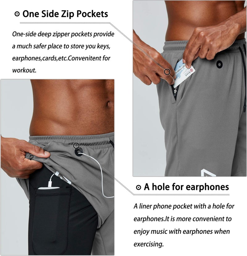 Pinkbomb Men's 2 in 1 Running Shorts Gym Workout Quick Dry Mens Shorts with Phone Pocket (Light Grey, Large - Image 2